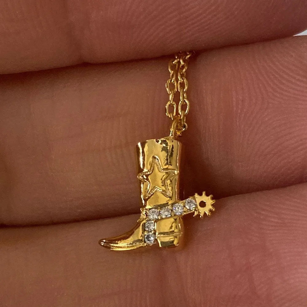 316 Stainless Steel Waterproof Denim Boots Pendant Necklace zircon