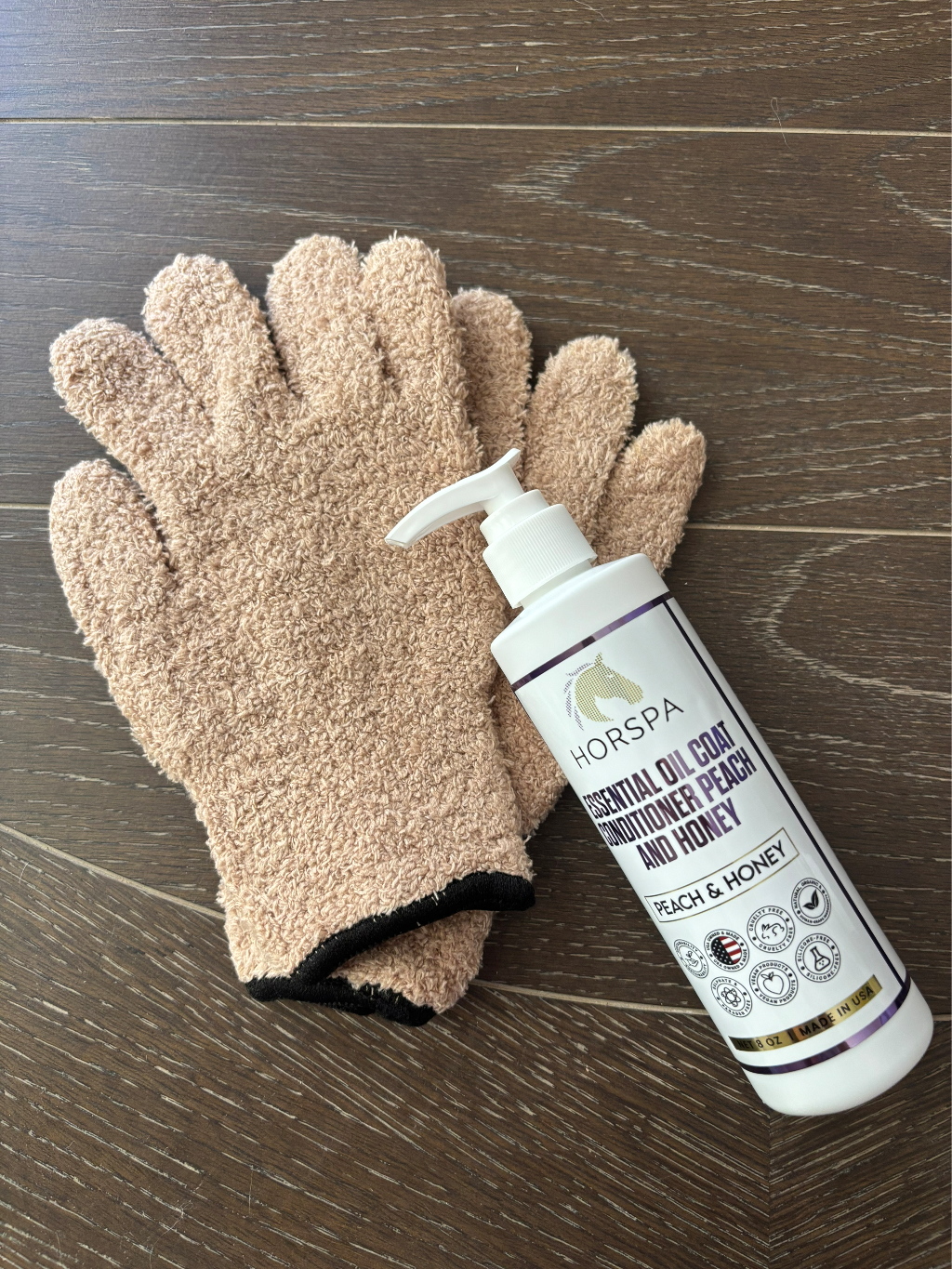 Bundle Essential Oil Coat Conditioner Peach 8 oz and Honey with 1 pair HOT CLOTH Gloves