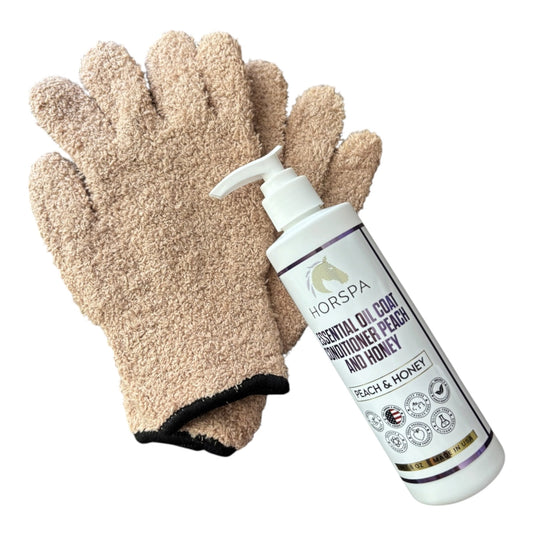 Bundle Essential Oil Coat Conditioner Peach 8 oz and Honey with 1 pair HOT CLOTH Gloves