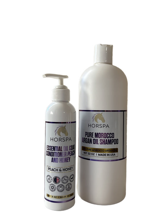 Combo Pure Morocco Argan Oil Shampoo 32oz plus Essential Oil Coat Conditioner Peach and Honey 8oz with Sponge applicator
