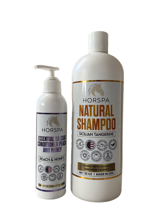 Combo Natural Horse Shampoo Sicilian Tangerine 32oz plus Essential Oil Coat Conditioner Peach and Honey 8oz with Sponge applicator