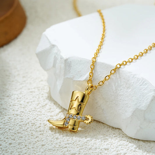 316 Stainless Steel Waterproof Denim Boots Pendant Necklace zircon